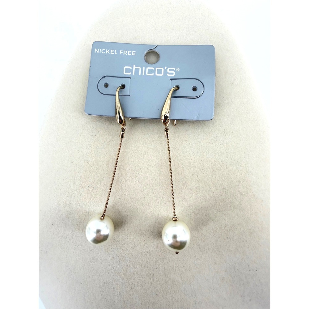 Chicos Gold Tone White Faux Pearl Chain Linear Drop Earrings Nickel Free NEW